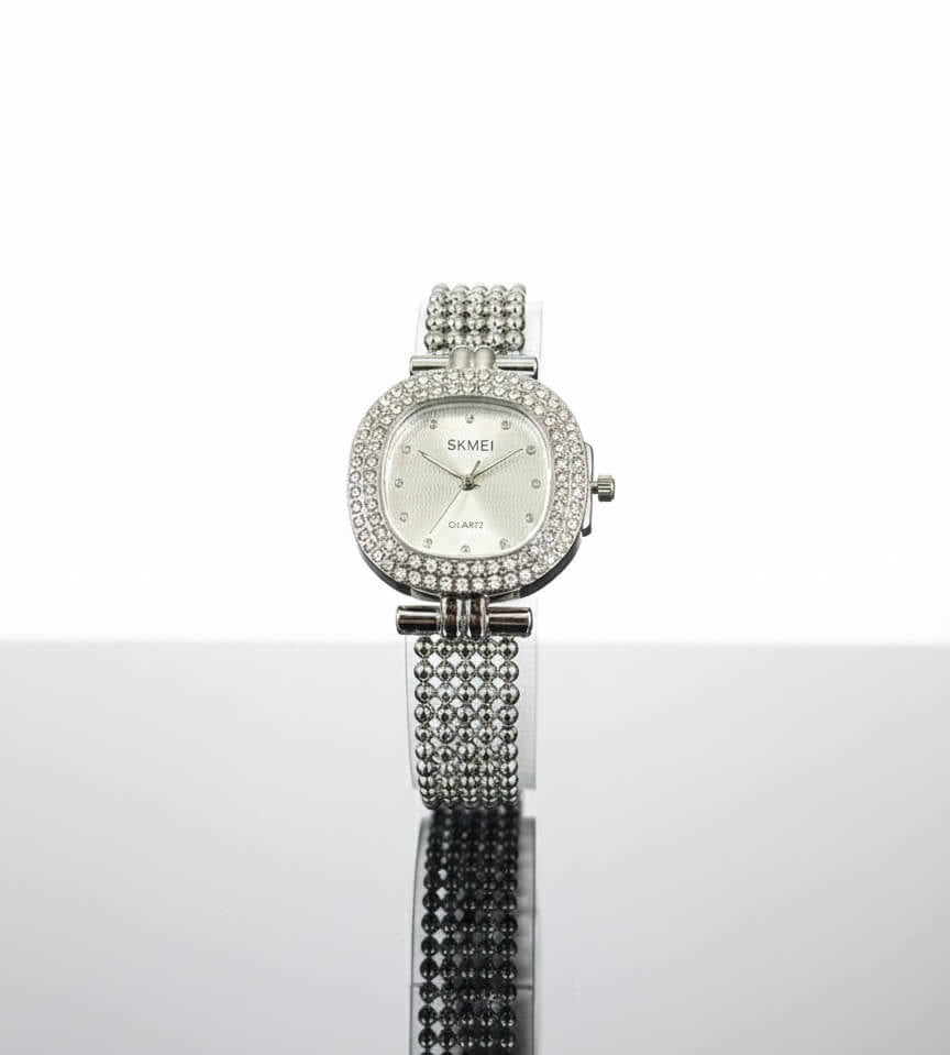 SKMEI Elegant Women’s Silver Crystal Dress Watch | Beaded Bracelet Style