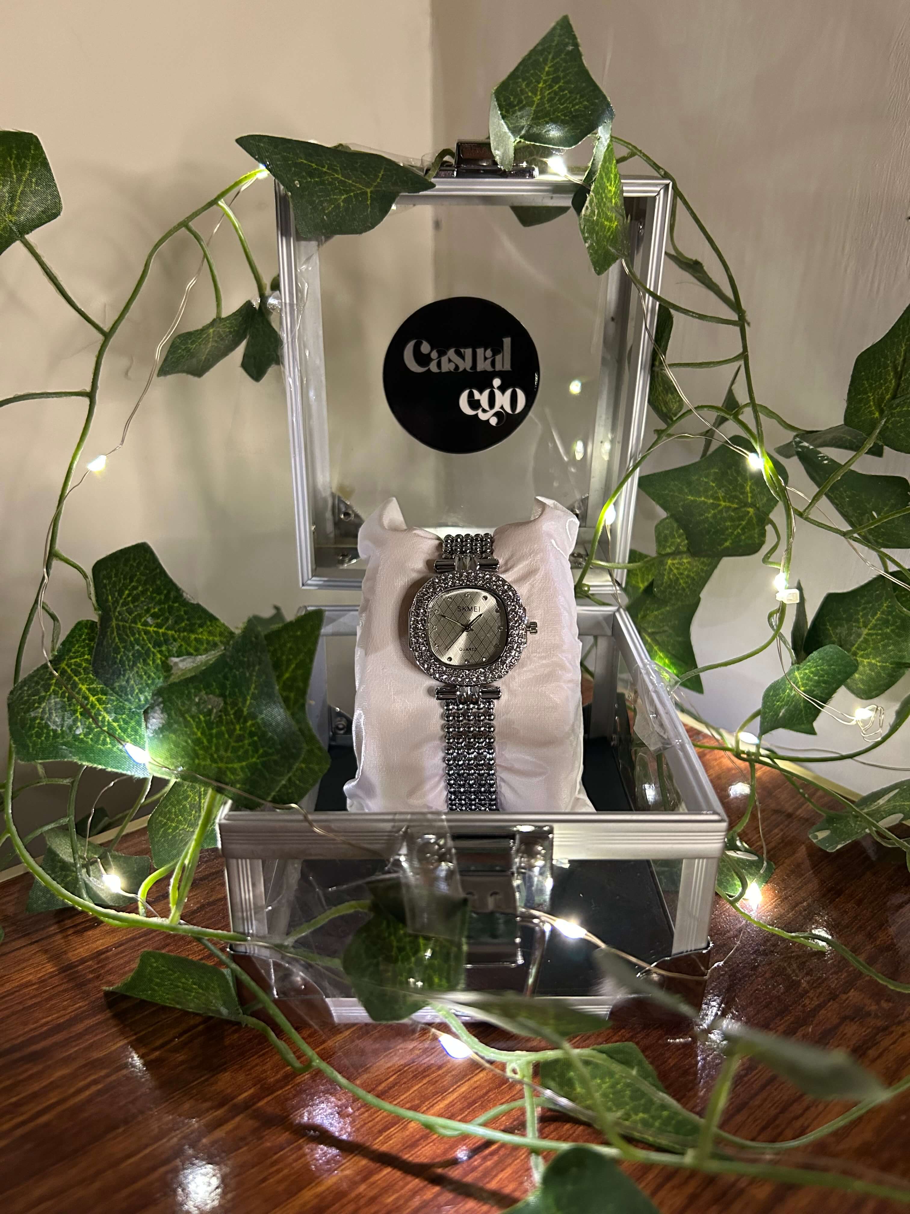 SKMEI Elegant Women’s Silver Crystal Dress Watch | Beaded Bracelet Style