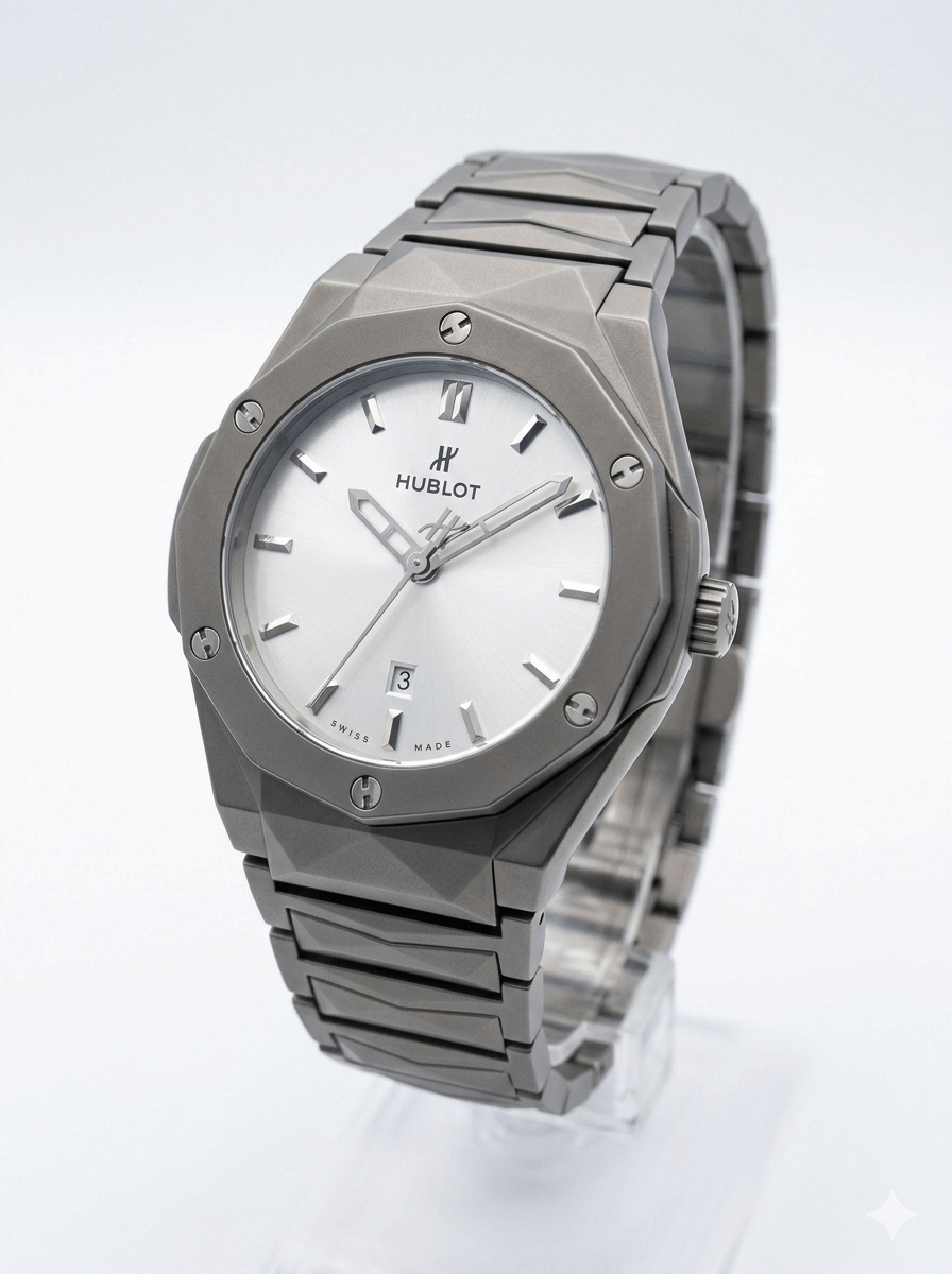 Sculpted Geometric Mens Watch in Matte Silver
