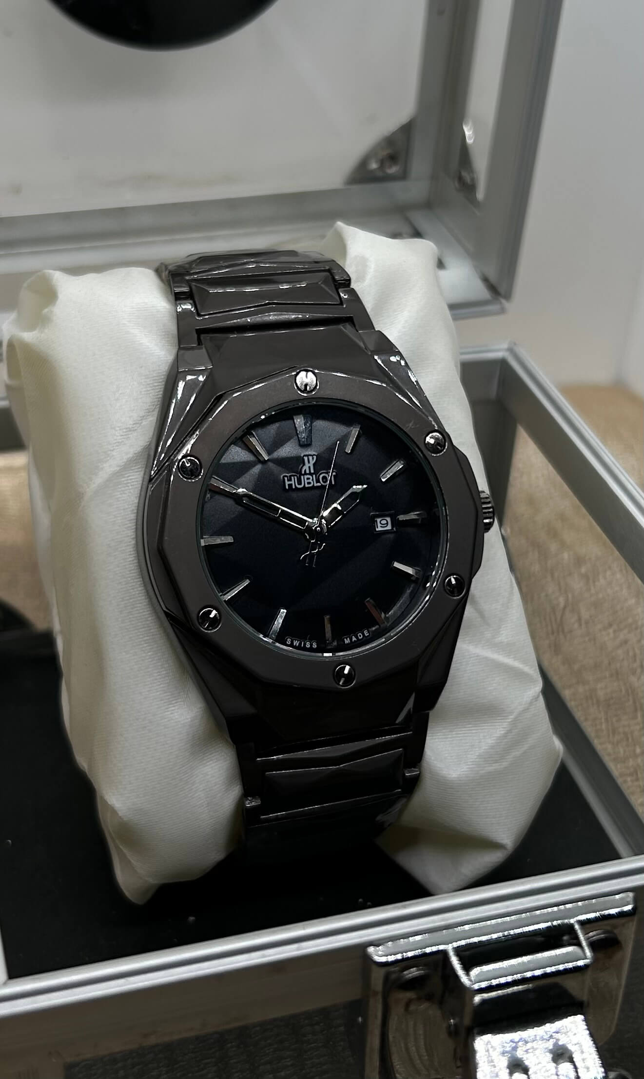 Sculpted Geometric Mens Watch in Matte Black